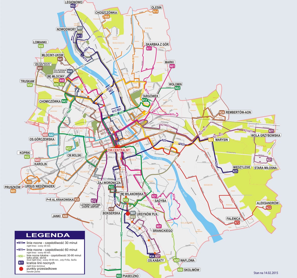 Mapa de la red de autobuses nocturnos de Varsovia
