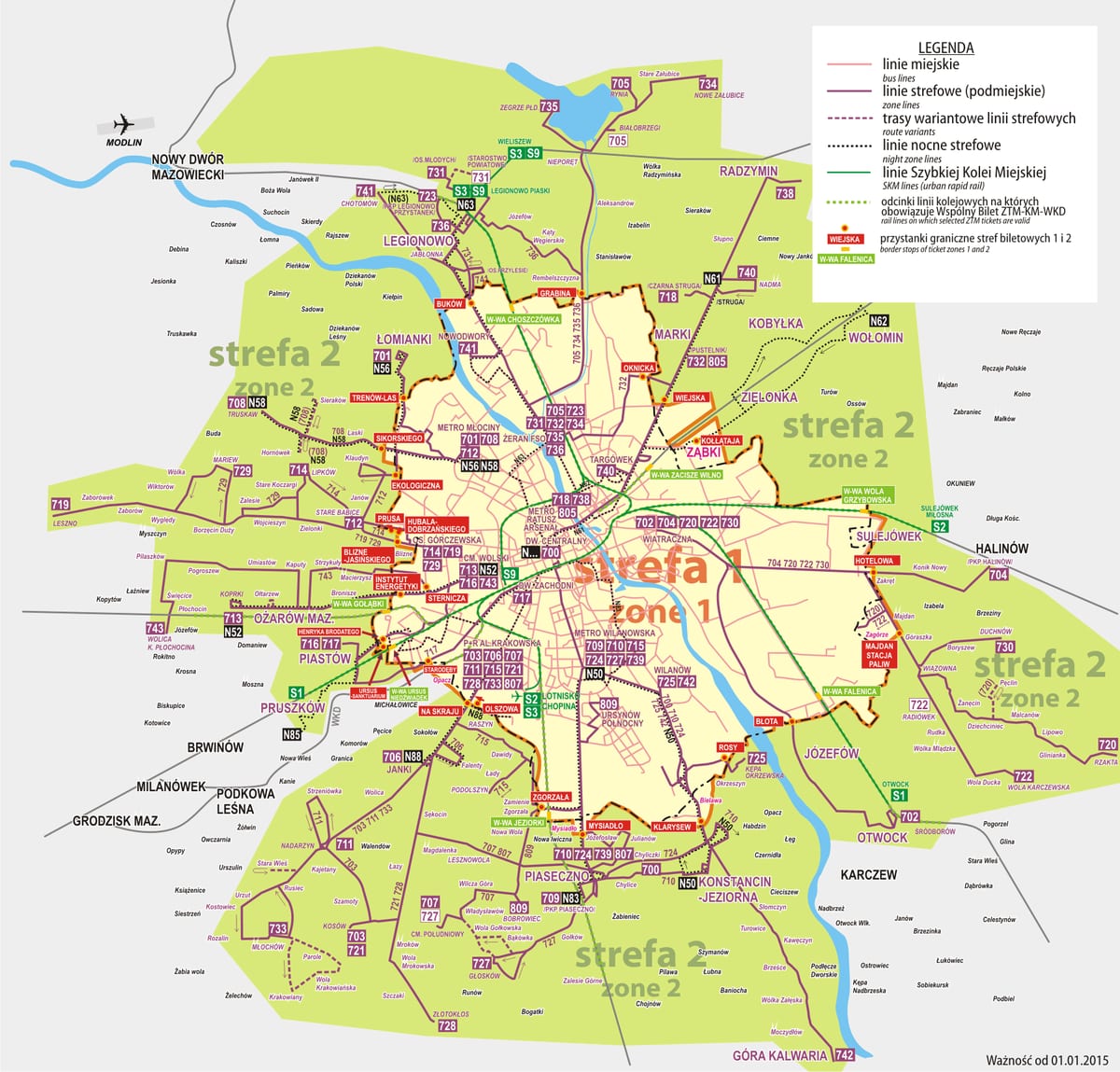 Mapa de la red de autobuses suburbanos de Varsovia