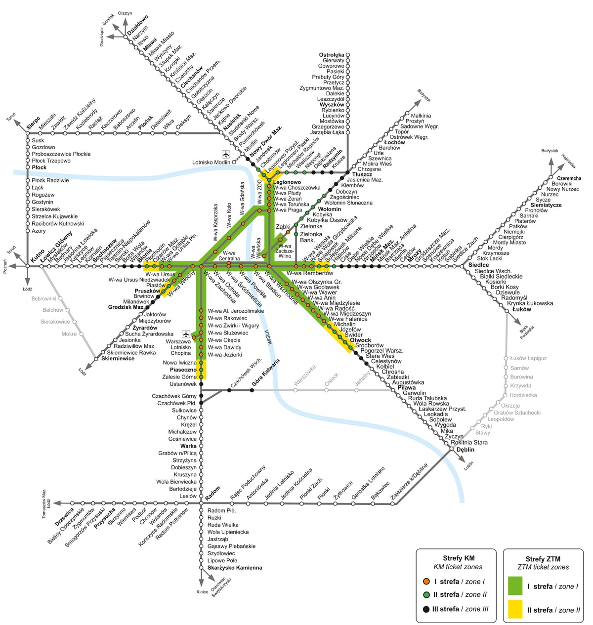 Mapa de la red de trenes urbanos y de cercanías KM de Varsovia
