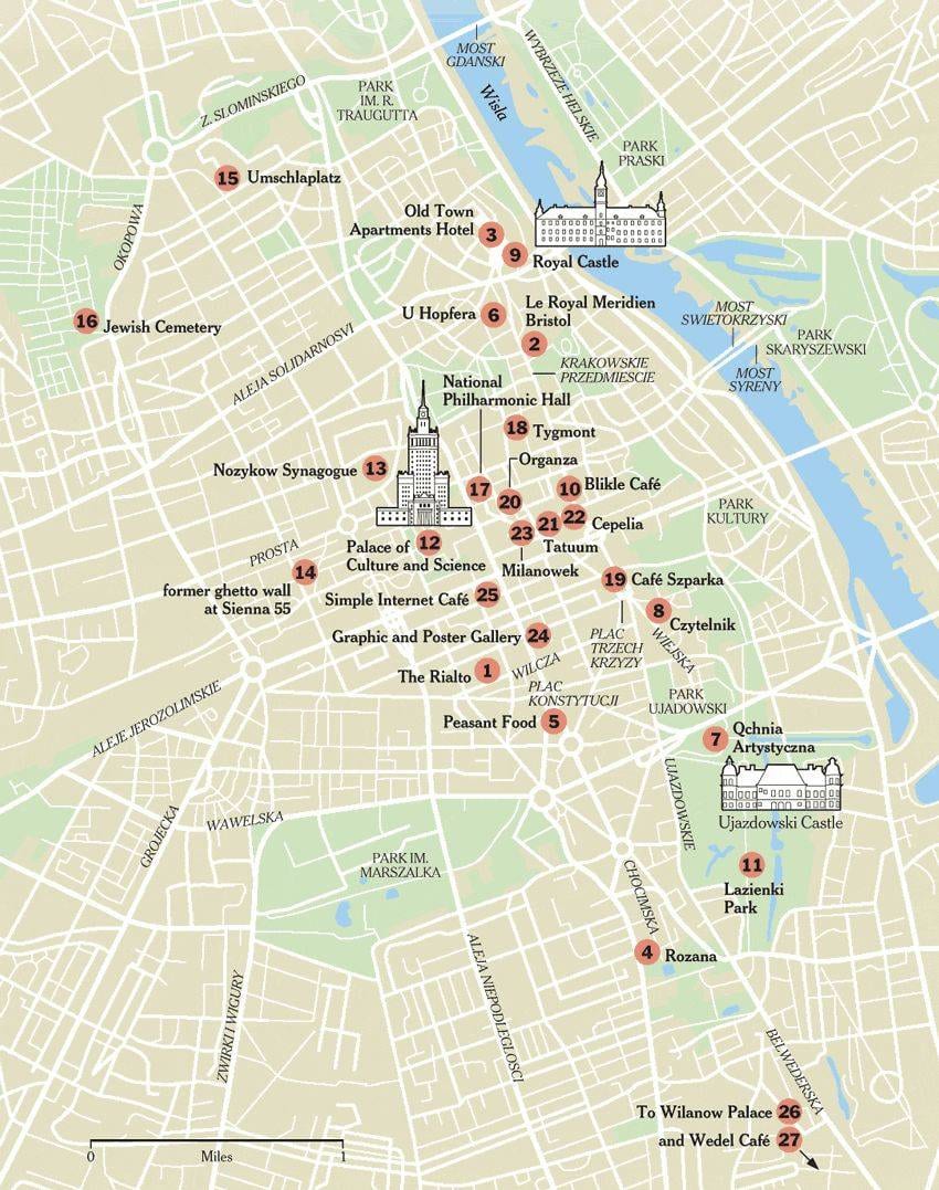 Mapa turístico de Varsovia con lugares de interés, museos, monumentos y atracciones