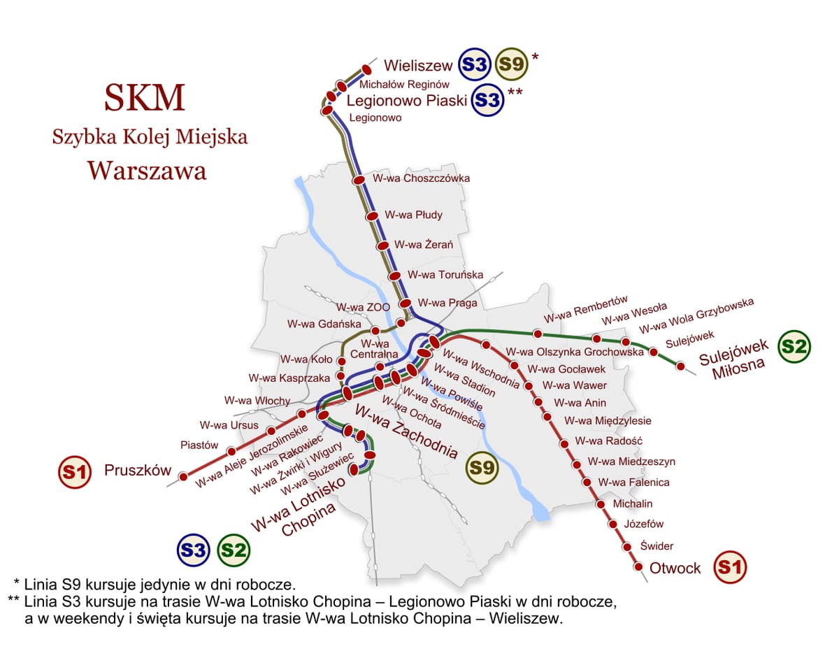 Mapa de la red de trenes urbanos y de cercanías SKM de Varsovia
