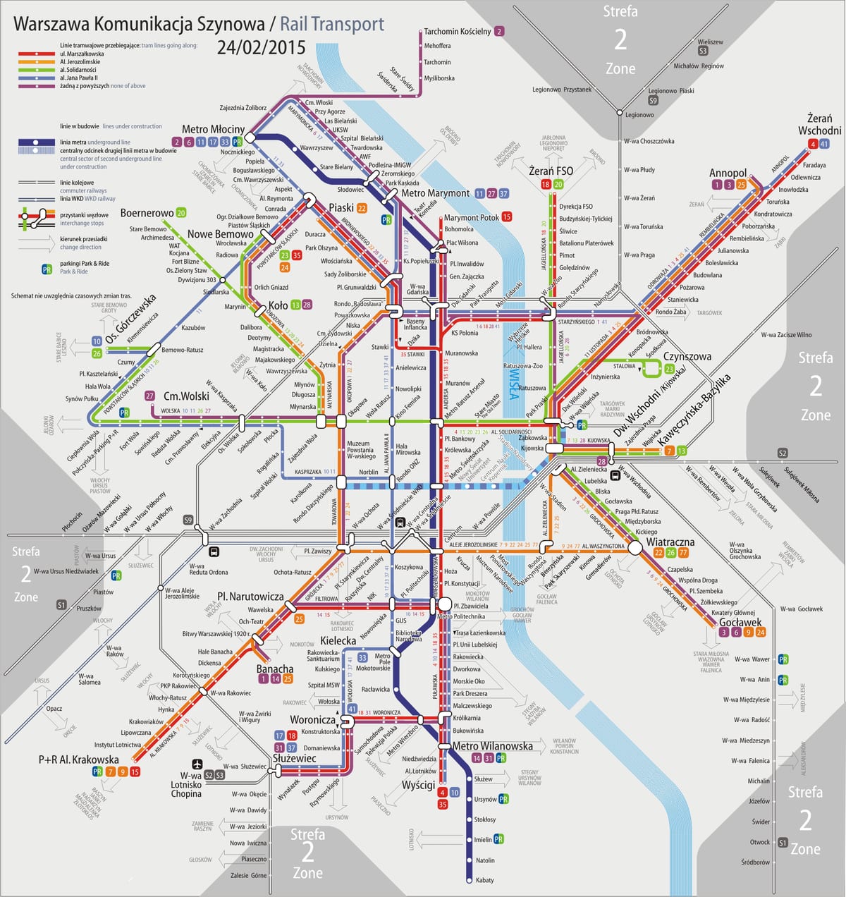 Mapa de la red de tranvías de Varsovia