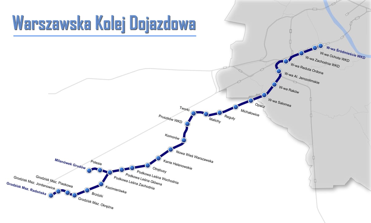 Mapa de la red de trenes urbanos y de cercanías WKD de Varsovia